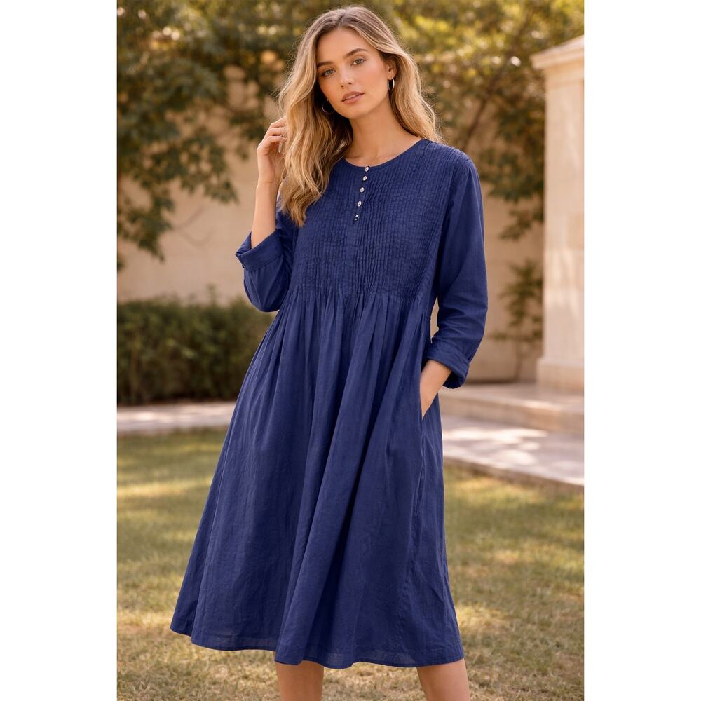 Dress Addict Juju Indigo Cotton Midi Dress XS Pleated Bib Long Sleeve Boho